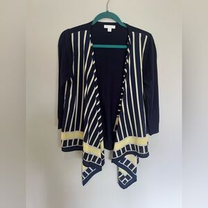 New York & Company Striped Open Front Cardigan Navy Yellow Drape Sweater Size M